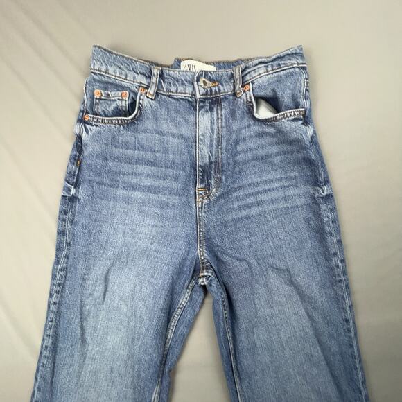 Zara High Rise Slim Straight Jeans Raw Hem Mid Blue Women’s 4 - Picture 3 of 6